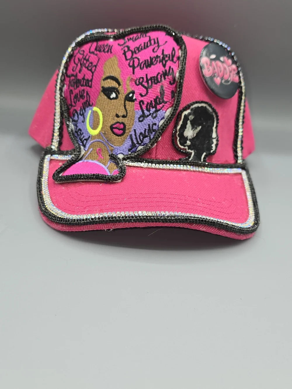 Women's Hot Pink Embroidered Trucker Cap with Decorative Patch